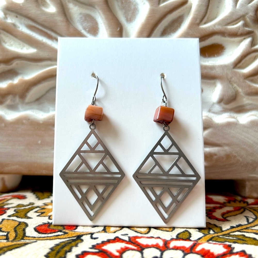 Handmade Geometric Diamond and Mother of Pearl Earrings - 2” Drop - New